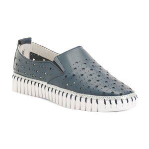 NEW BERNIE MEV Leather Tw40 Perforated Slip On Sneakers for women Navy 267tn
